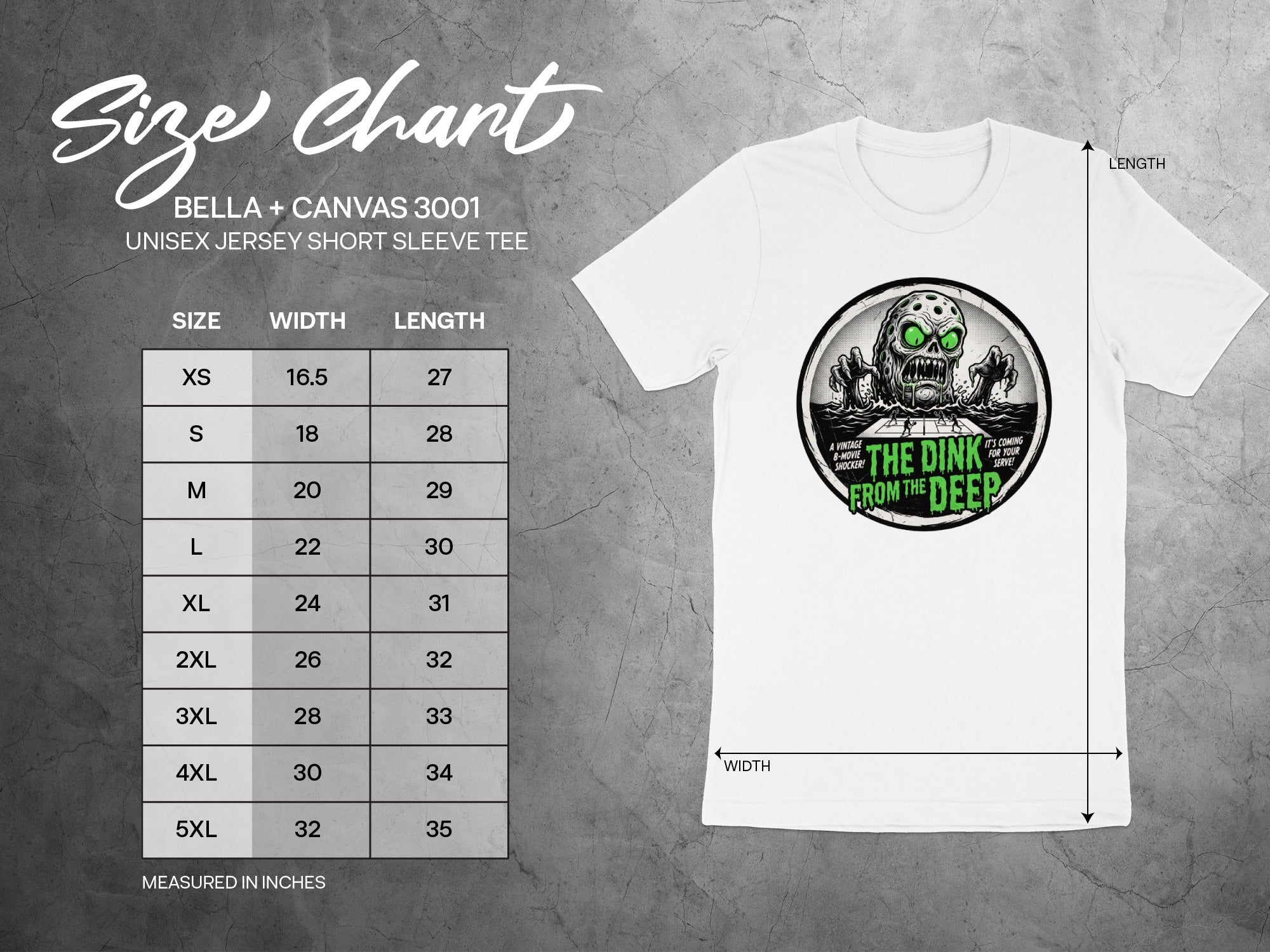 Bella + Canvas 3001 unisex t-shirt size chart with "The Dink From the Deep" graphic.