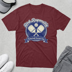 Maroon t-shirt with vintage "Dink Responsibly" pickleball graphic.