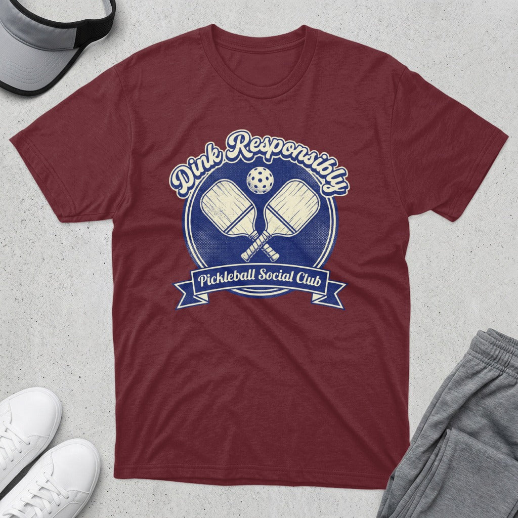 Maroon t-shirt with vintage "Dink Responsibly" pickleball graphic.