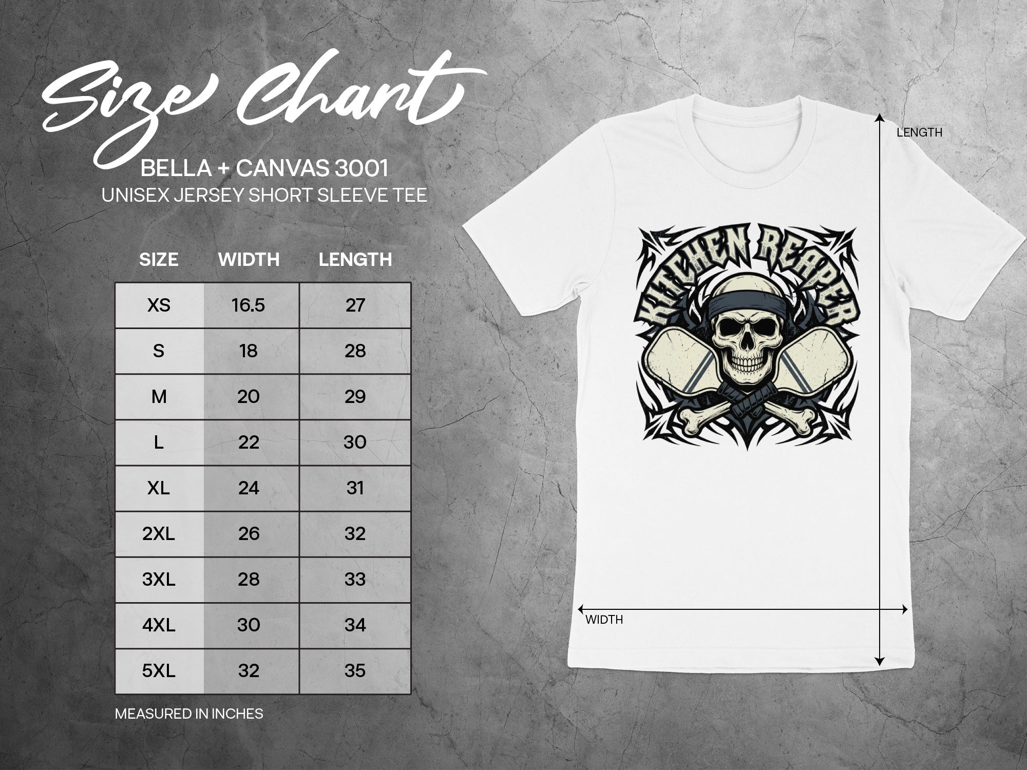 Size chart for Bella + Canvas 3001 unisex short sleeve tee with measurements.