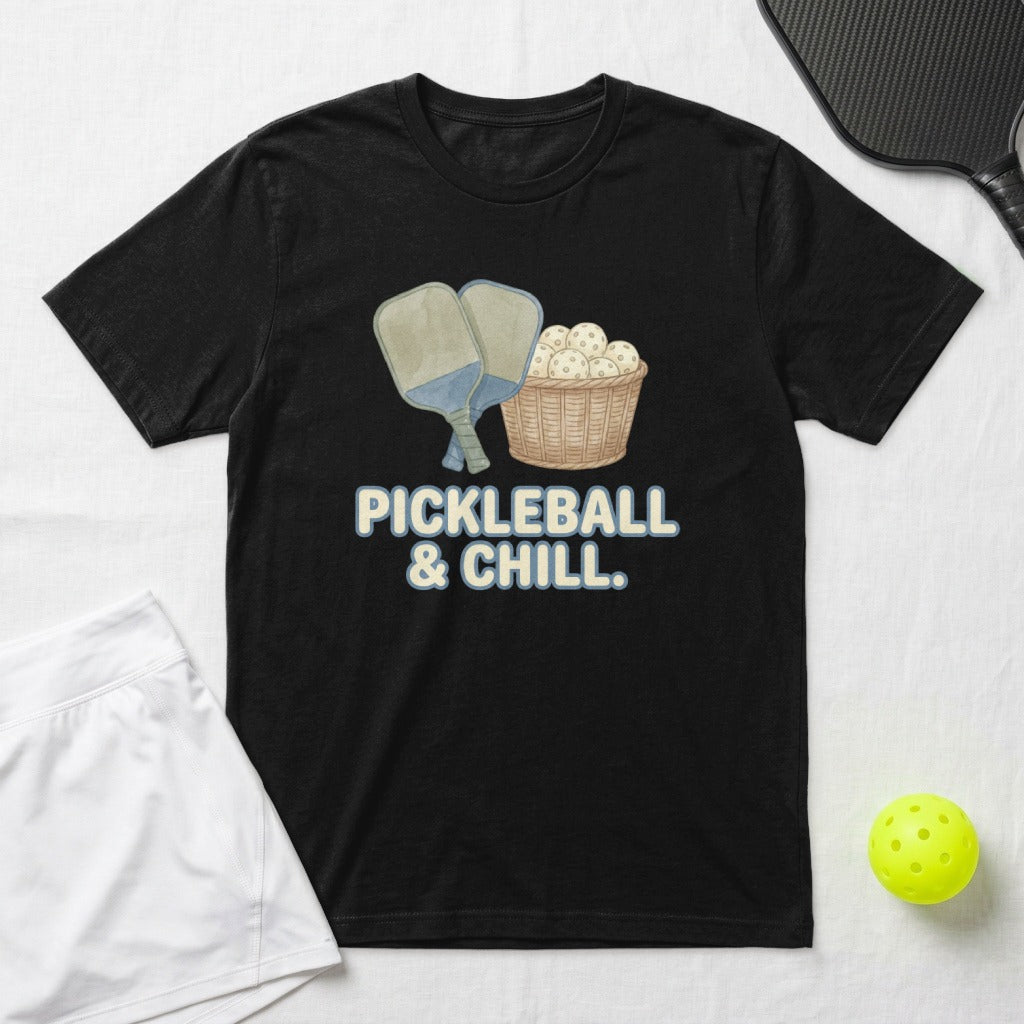 Black t-shirt with "Pickleball & Chill" text and pickleball graphics.