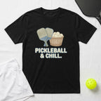 Black t-shirt with "Pickleball & Chill" text and pickleball graphics.