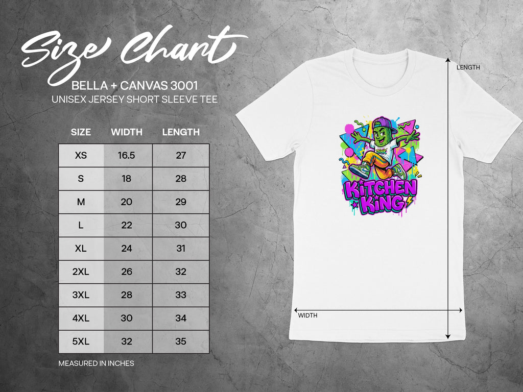 Bella + Canvas 3001 unisex t-shirt size chart with dimensions.