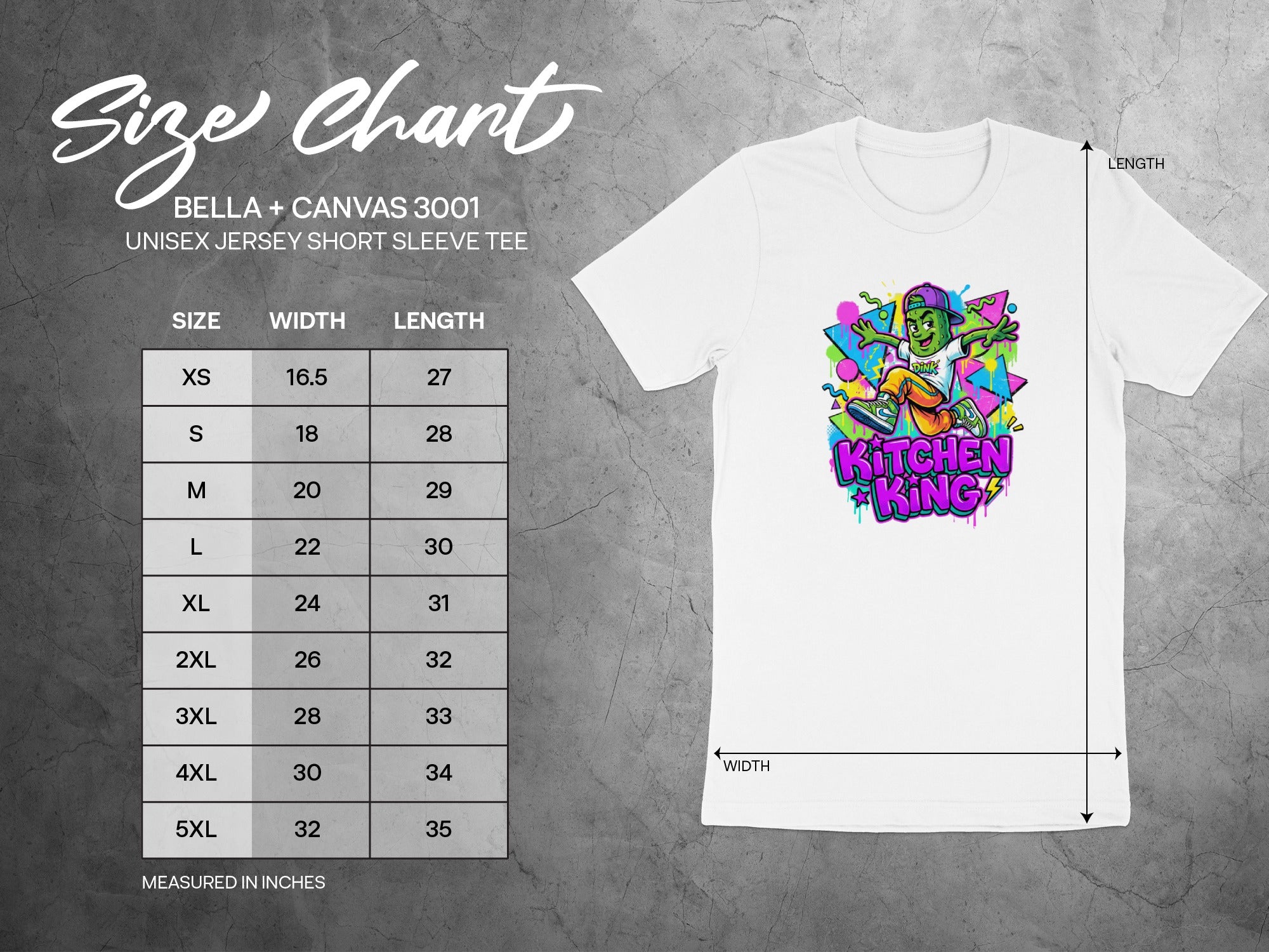 Bella + Canvas 3001 unisex t-shirt size chart with dimensions.