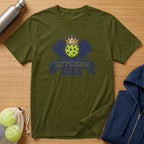 Olive green t-shirt with "KITCHEN KING" text and pickleball graphic.