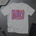 Grey t-shirt with colorful "DINKY" text and floral accents.