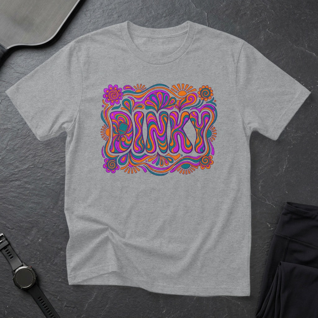 Grey t-shirt with colorful "DINKY" text and floral accents.