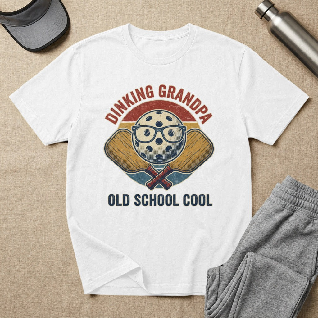 DINKING GRANDPA OLD SCHOOL COOL text with pickleball paddles and ball graphic.