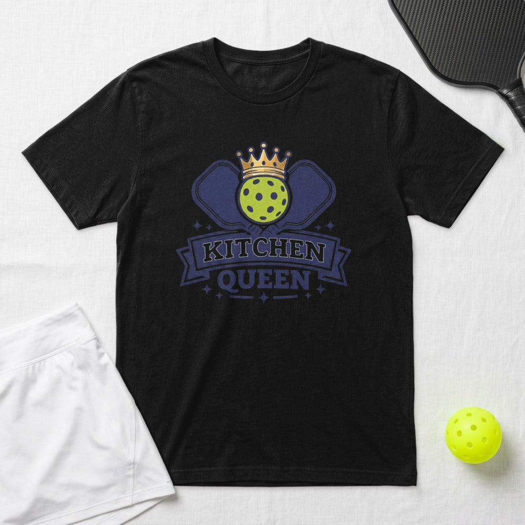 Black t-shirt with "Kitchen Queen" and pickleball graphic, including crown and paddles.