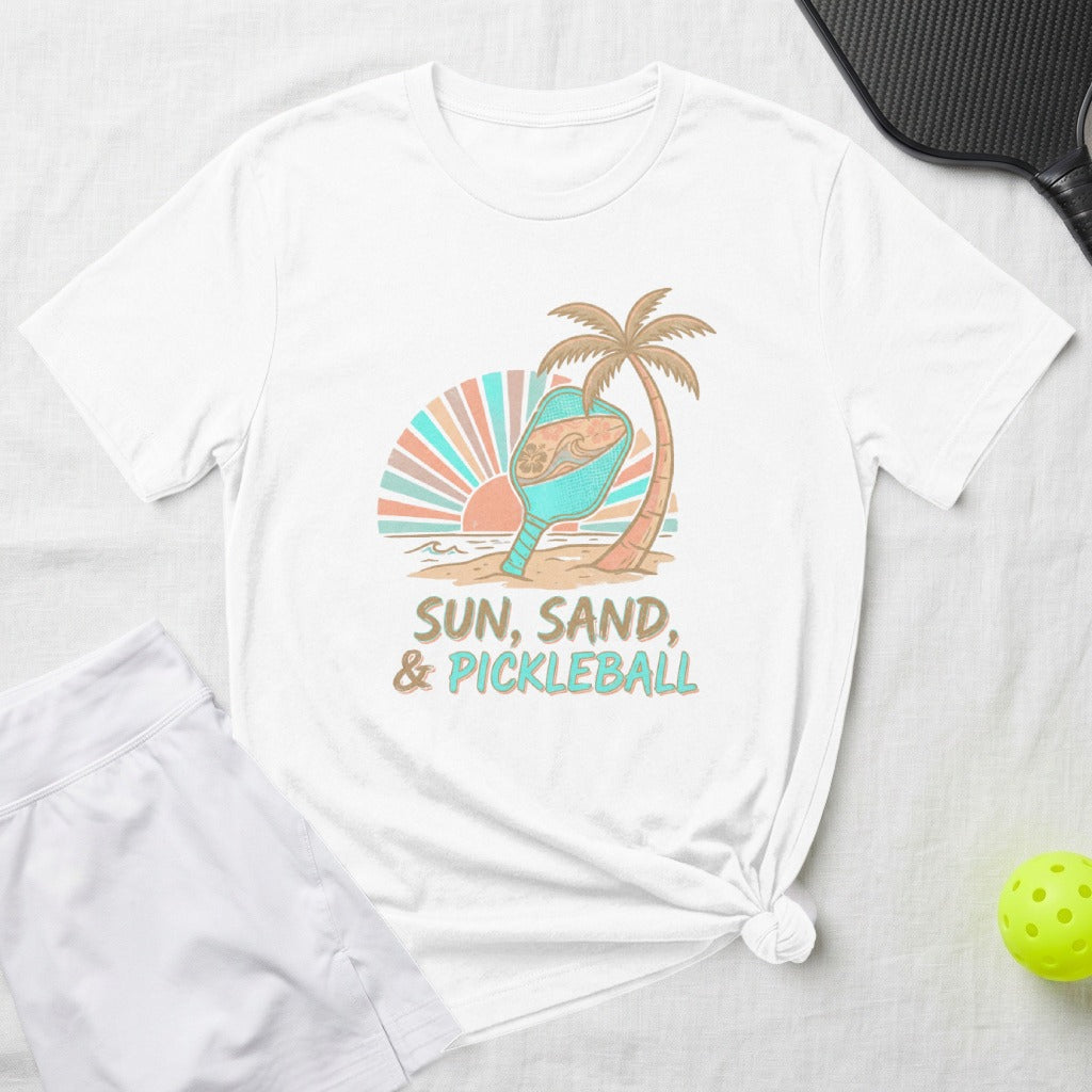 White t-shirt with "Sun, Sand, & Pickleball" text and a pickleball graphic.