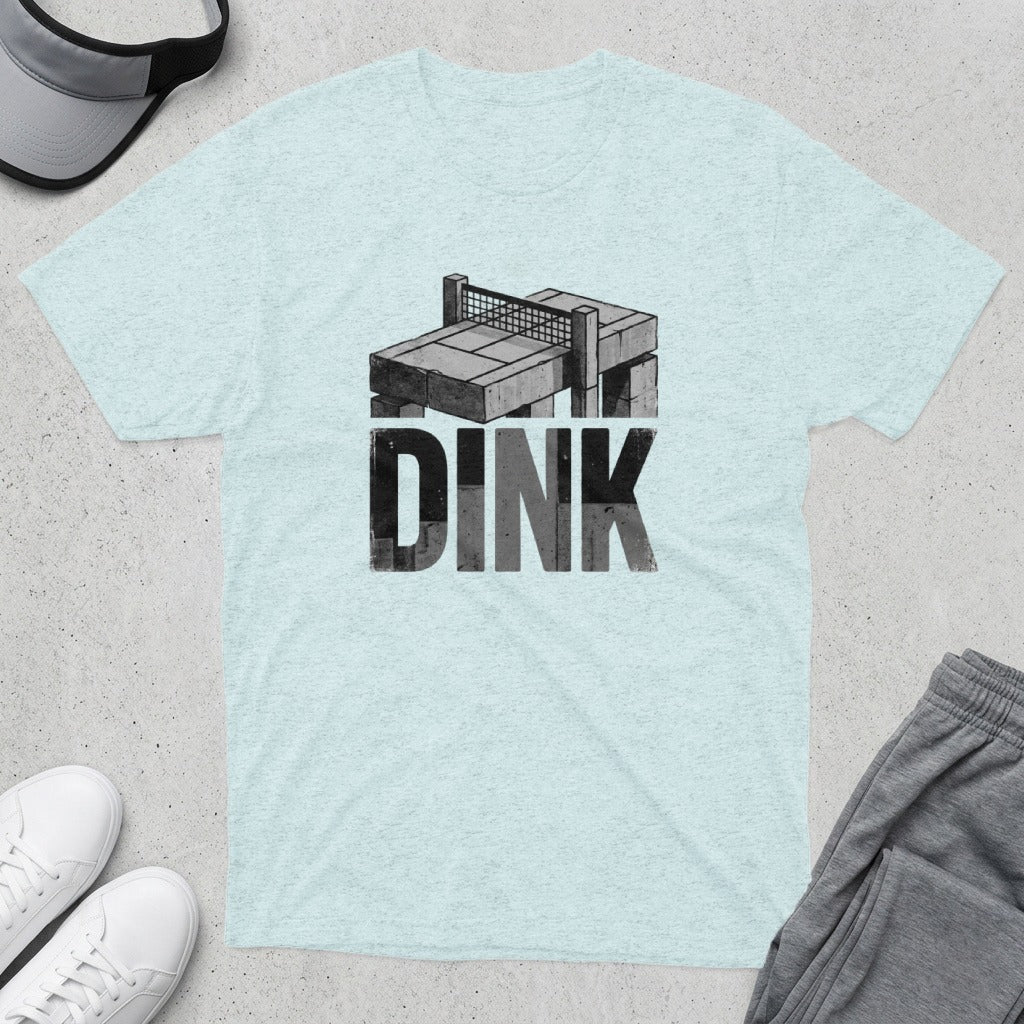 Light blue t-shirt with "DINK" in large, distressed letters and a pickleball net.