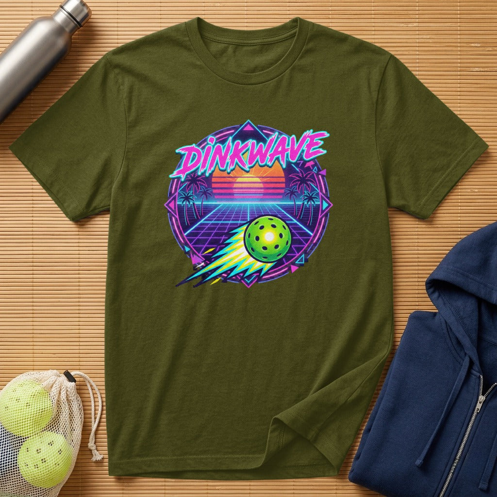 Dinkwave pickleball graphic t-shirt with retro neon grid and sunset design.