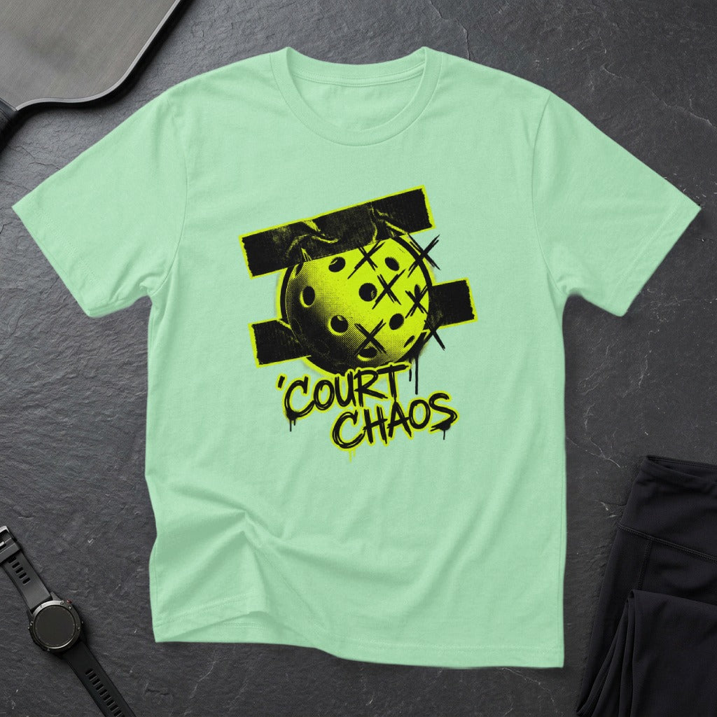 Green t-shirt with "Court Chaos" text and a pickleball design.