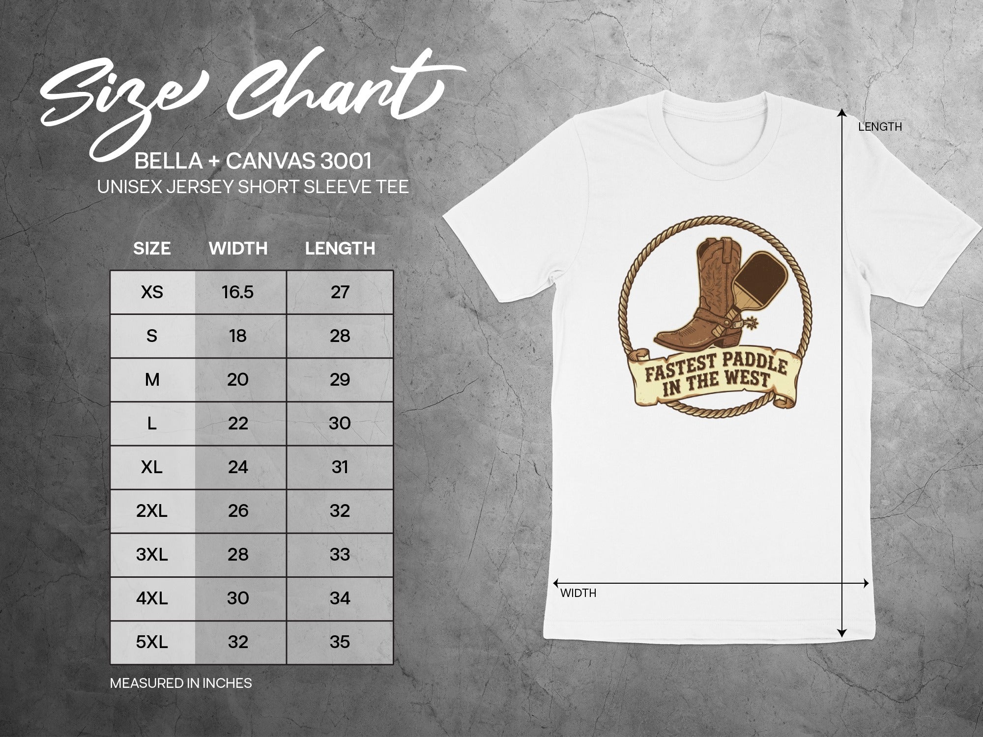 Size chart for Bella + Canvas 3001 unisex t-shirt with Western graphic.