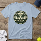 Light blue t-shirt with "Pickleball Society" emblem and crossed paddles.