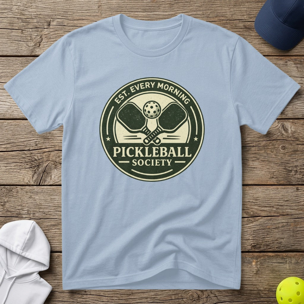 Light blue t-shirt with "Pickleball Society" emblem and crossed paddles.