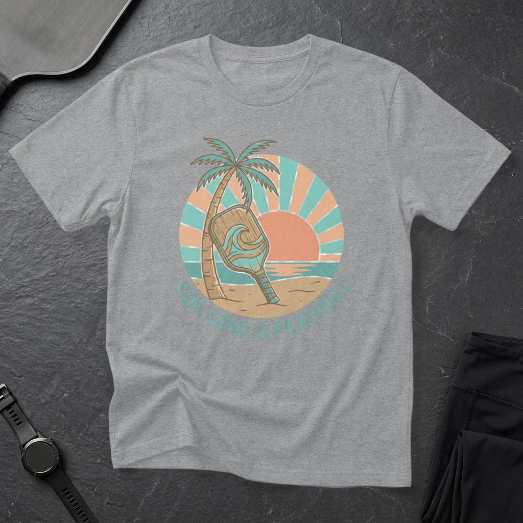 Gray t-shirt with beach pickleball paddle and sun graphic.