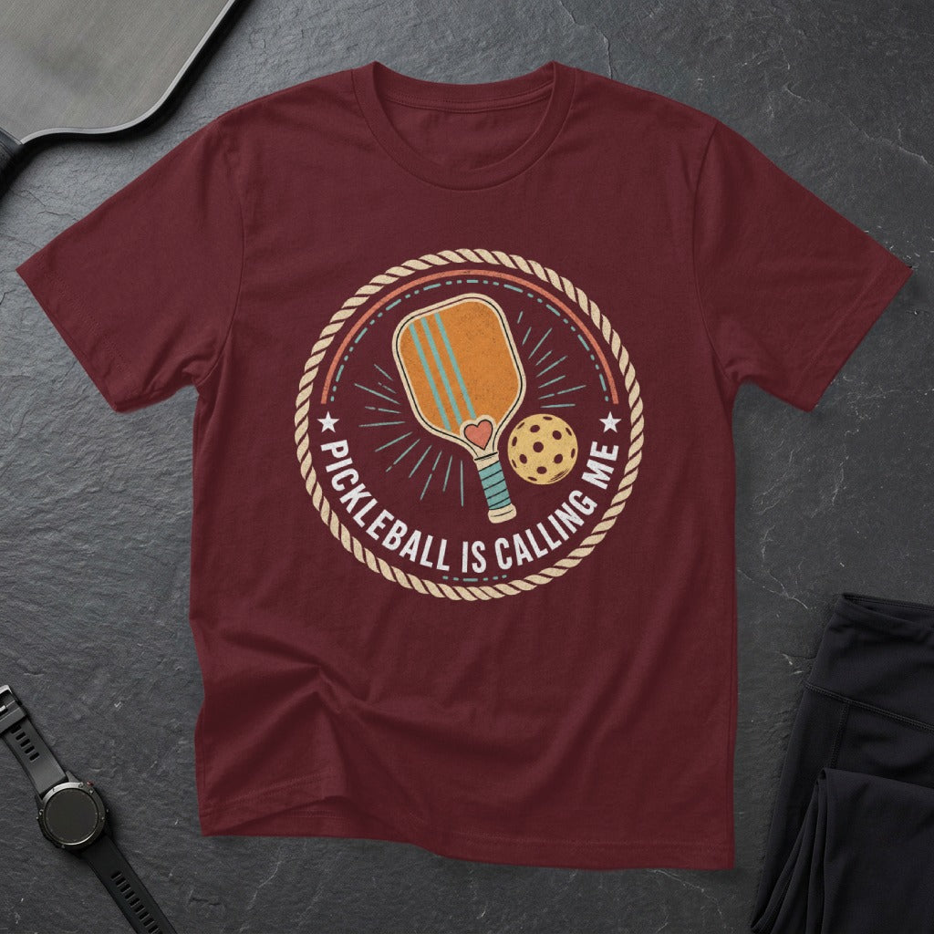 Maroon t-shirt with a circular graphic showing a pickleball paddle, ball, and the text "Pickleball is Calling Me".