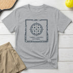 Grey t-shirt with "TARGET LOCKED: KITCHEN." graphic in a futuristic scope.