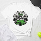 T-shirt graphic with a monster from the deep, pickleball nets, and text.