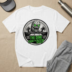 White t-shirt with "The Dink From The Deep" graphic featuring a monster and tennis players.