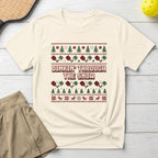 Ugly Christmas sweater design with pickleball paddles, balls, and deer.