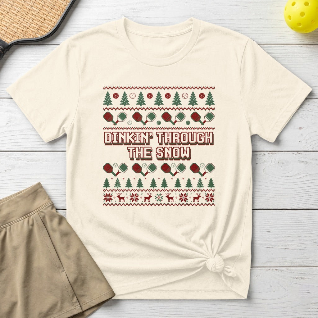 Ugly Christmas sweater design with pickleball paddles, balls, and deer.