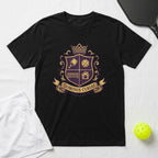 Black t-shirt with crest featuring pickleball paddle, net, house, and crown.
