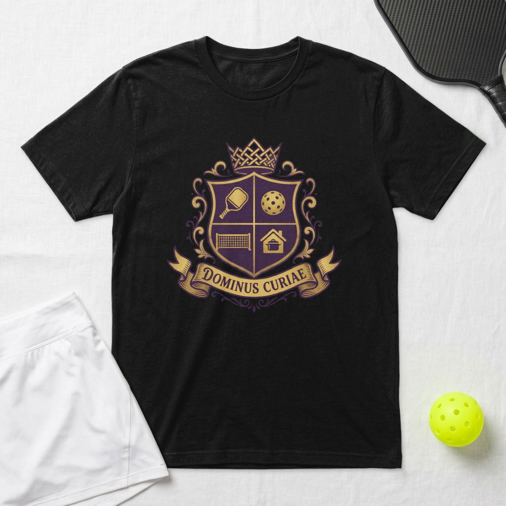 Black t-shirt with crest featuring pickleball paddle, net, house, and crown.
