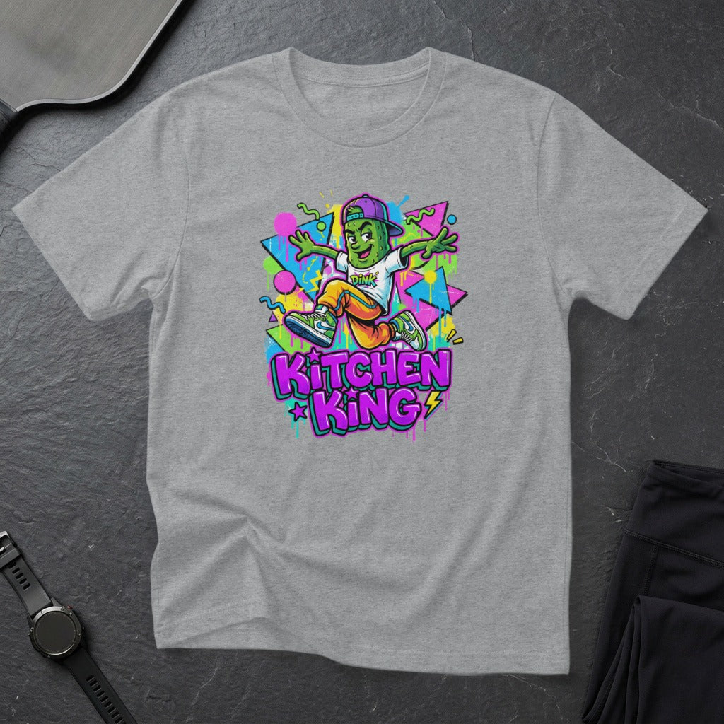 Green cartoon character wearing a hat and t-shirt, jumping with "Kitchen King" text.