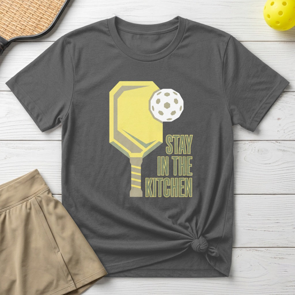 Grey t-shirt with pickleball paddle, ball, and "Stay in the Kitchen" text.
