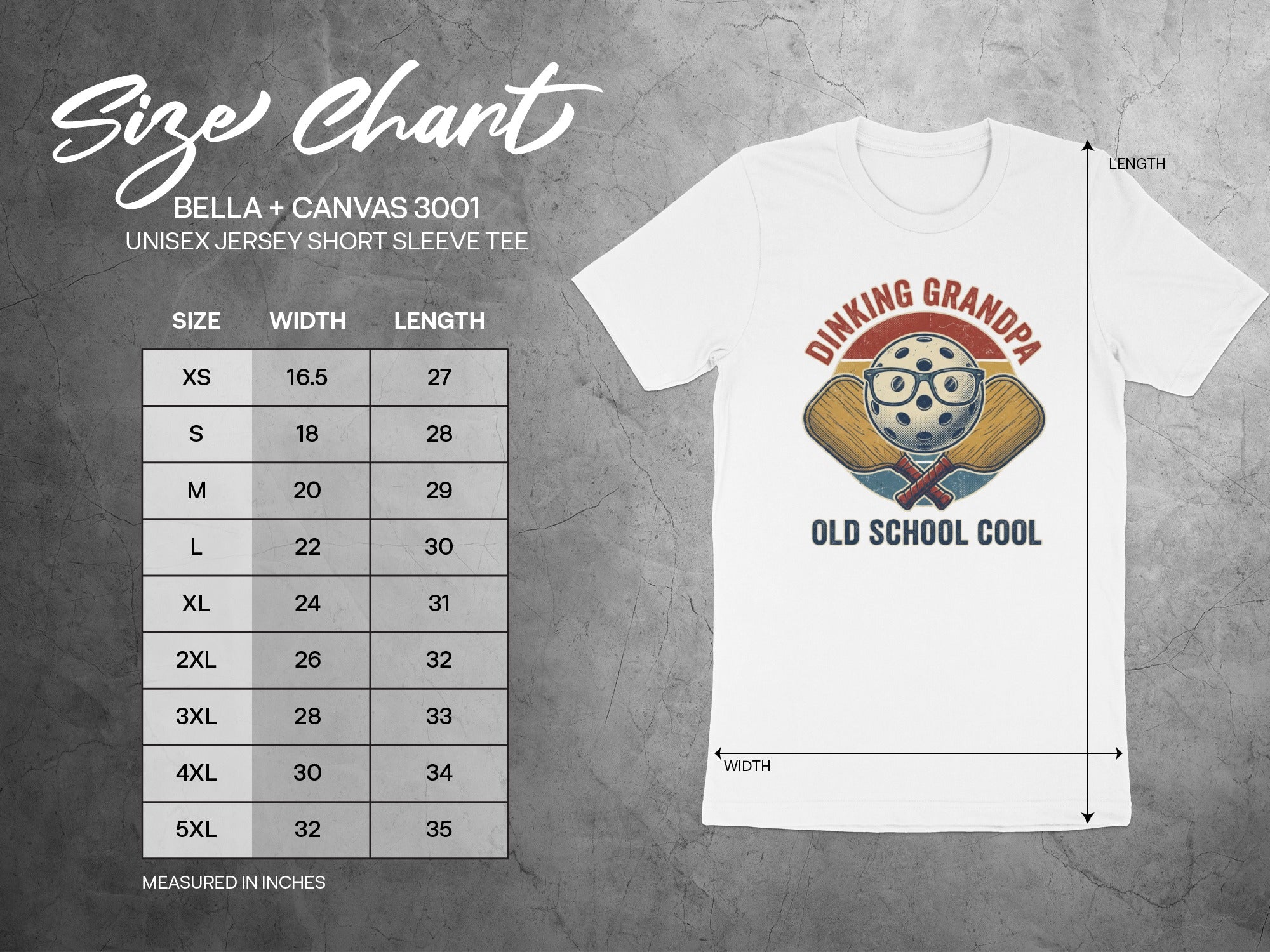 Size chart for Bella + Canvas 3001 unisex tee, with "Dinking Grandpa Old School Cool" graphic.