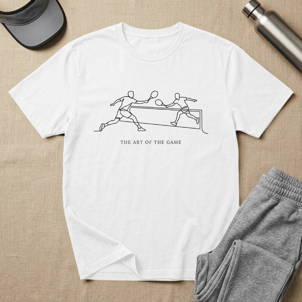 White t-shirt with minimalist line art of pickleball players and the text "THE ART OF THE GAME".