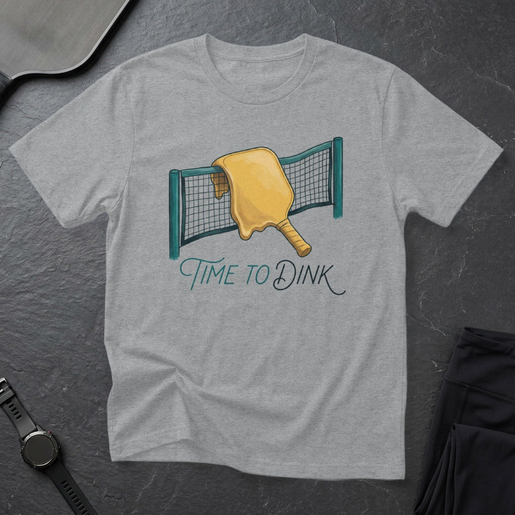 Grey t-shirt with "Time to Dink" text and pickleball paddle netting graphic.