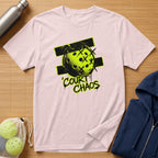 Pink t-shirt with "COURT CHAOS" graphic featuring a distressed pickleball.