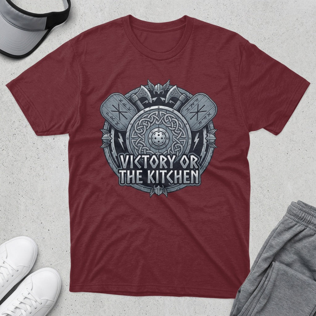 Burgundy t-shirt with circular Viking shield, axes, and "Victory or the Kitchen" text.