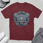 Burgundy t-shirt with circular Viking shield, axes, and "Victory or the Kitchen" text.