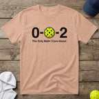 Peach t-shirt with pickleball graphic and "0-2 The Only Math I Care About."