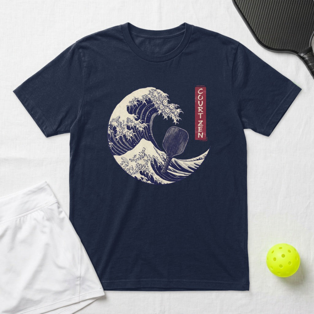 Navy t-shirt with a stylized wave and pickleball paddle graphic.