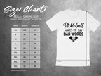 Size chart for Bella + Canvas 3001 unisex t-shirt with pickleball graphic.