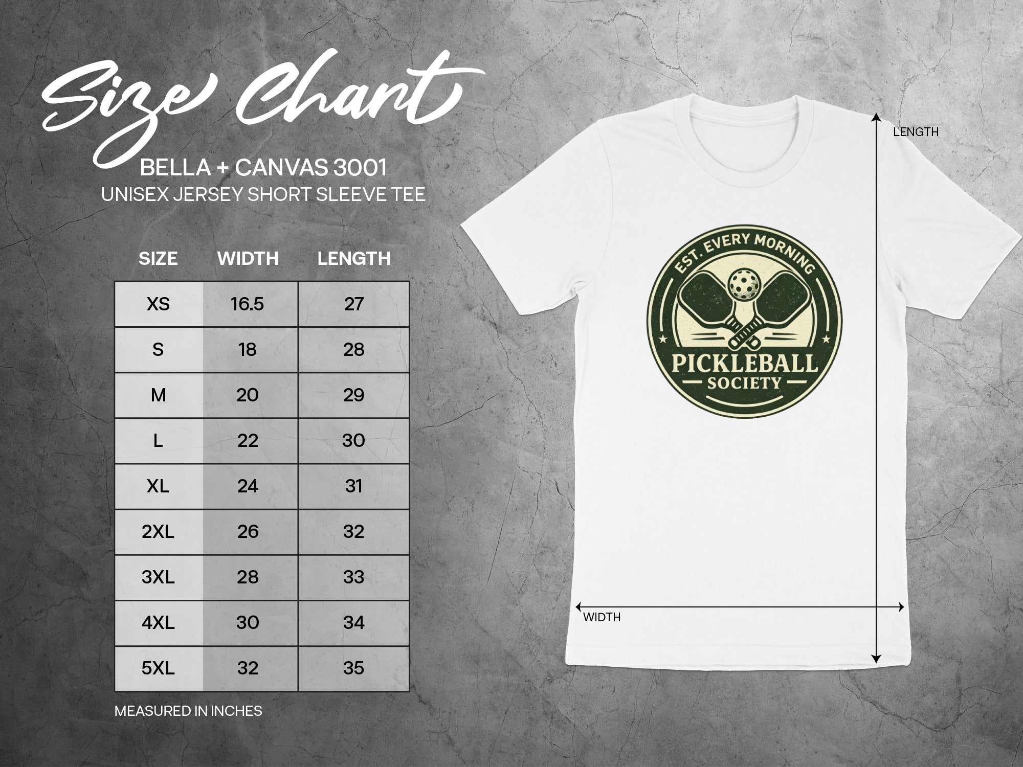 Bella + Canvas 3001 size chart with pickleball society logo shirt.
