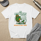 Cartoon alligator wearing sunglasses relaxes in lounge chair with text "MY RETIREMENT PLAN RESULTS MAY VARY".