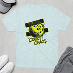 Light blue t-shirt with a yellow pickleball and "Court Chaos" text.