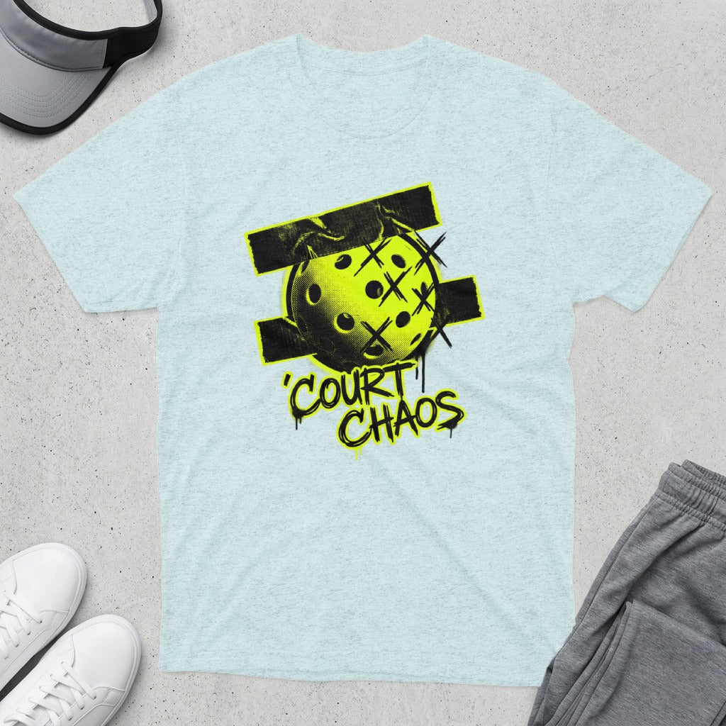 Light blue t-shirt with a yellow pickleball and "Court Chaos" text.