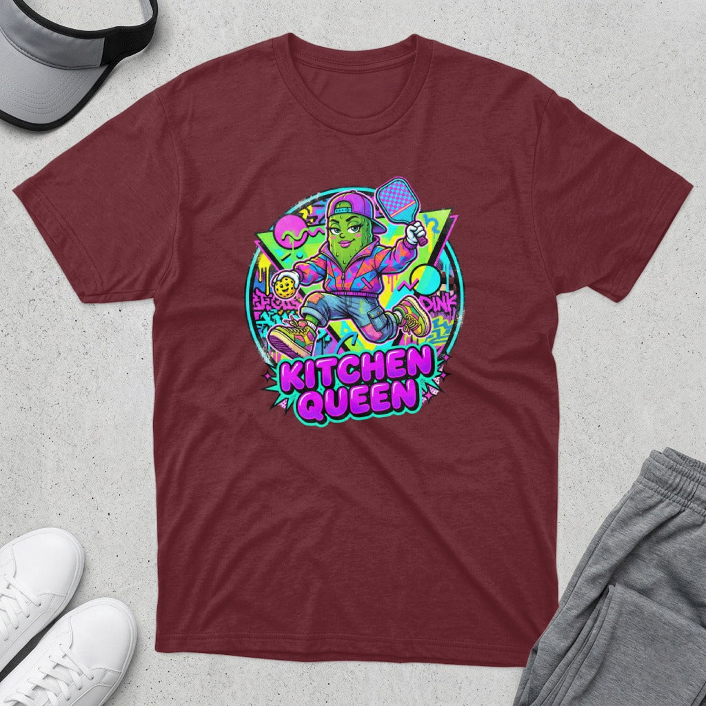 Pickleball player with "KITCHEN QUEEN" text, colorful retro graphics.