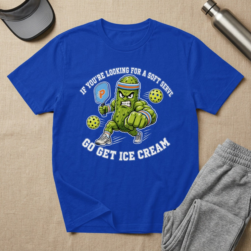 Pickle playing pickleball with text "If you're looking for a soft serve, go get ice cream."