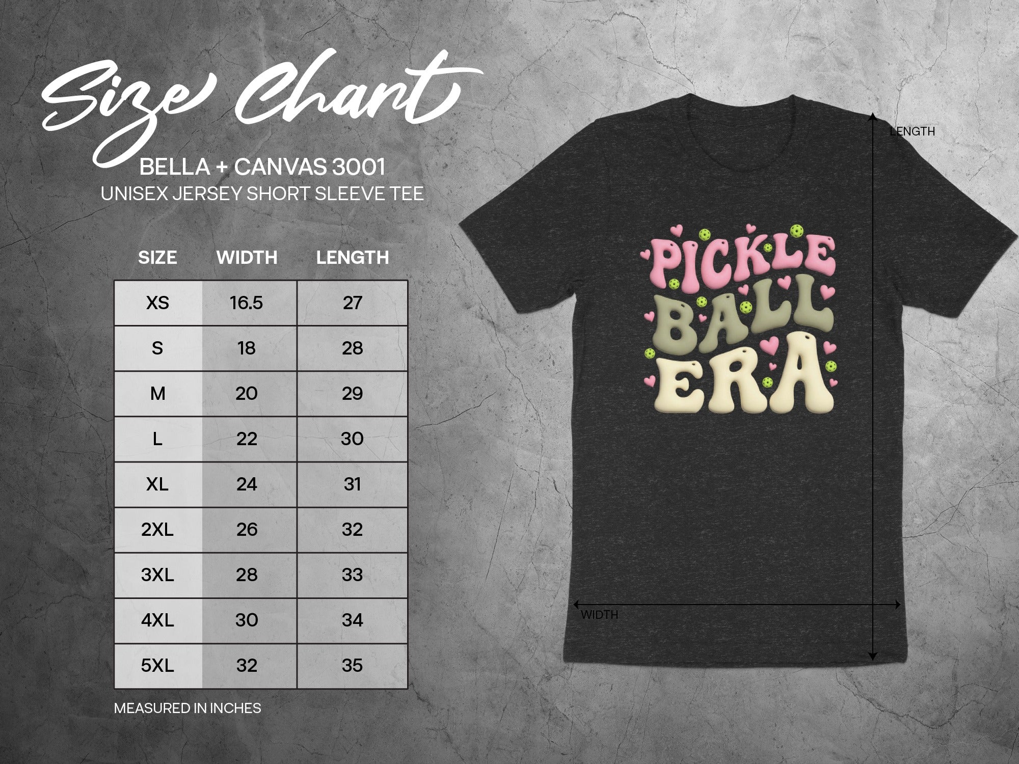 Unisex Bella + Canvas 3001 t-shirt size chart with width and length measurements.
