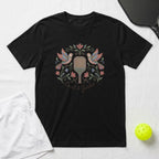 Black t-shirt with floral and bird design, "Court & Garden" text.