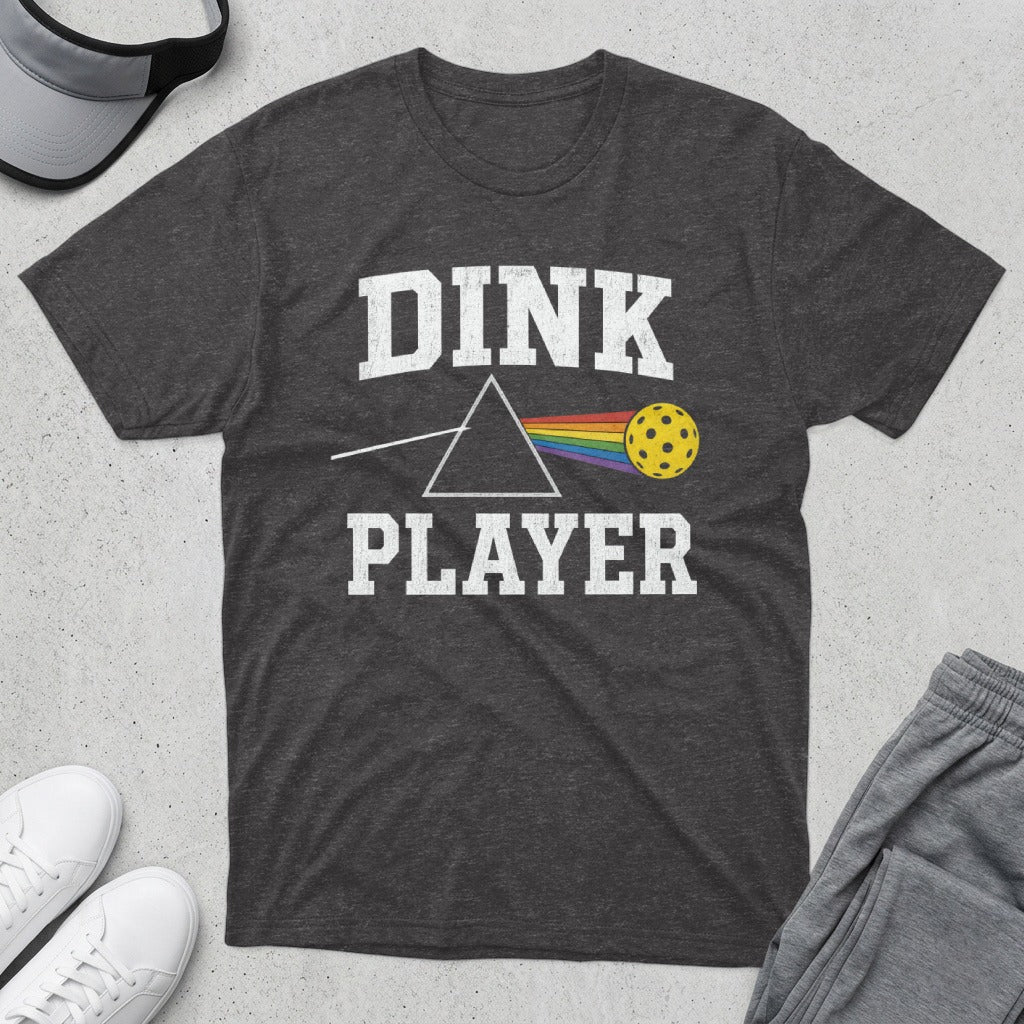 Dark gray t-shirt with "DINK PLAYER" and a rainbow prism with a pickleball.