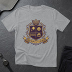 Grey t-shirt featuring a crest with pickleball paddle, net, and ball.